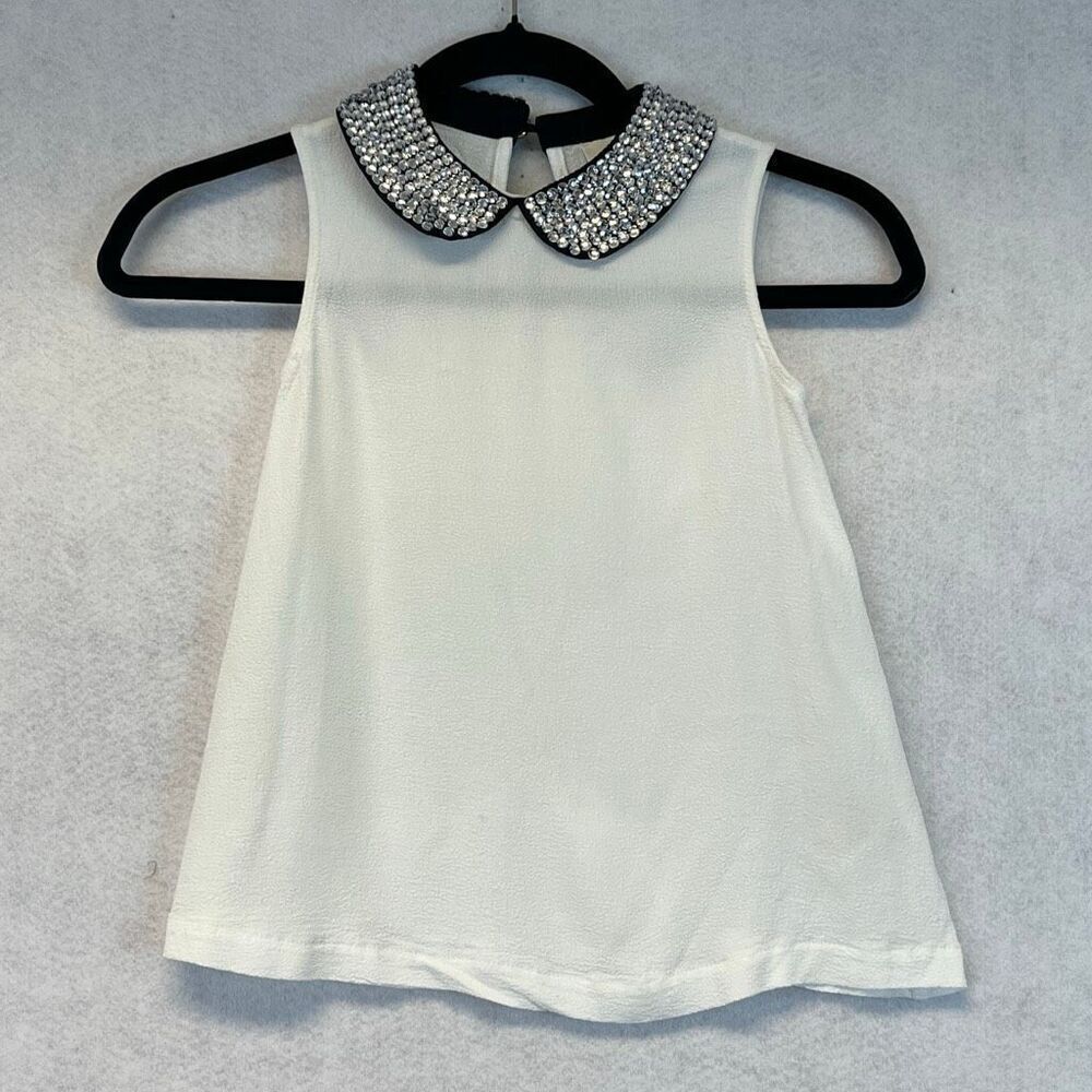 KATE SPADE Girls Top Small White Sleeveless Embellished Black Peter Pan Collar